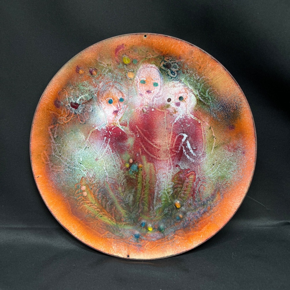 MCM Copper Enamel Art Plate Hart Abstract Mystical Lady Figures Wall Plaque 9.5"